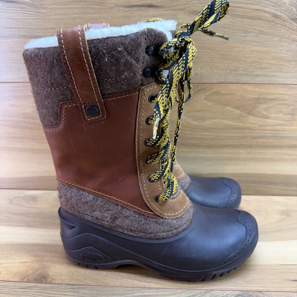 The North Face Shellista Mid Snow Boots Womens 7 Brown Leather Sherpa Gorpcore